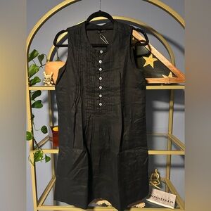 Quince Black European Linen Sleeveless Swing Dress sz S Women Pleats Button NWT